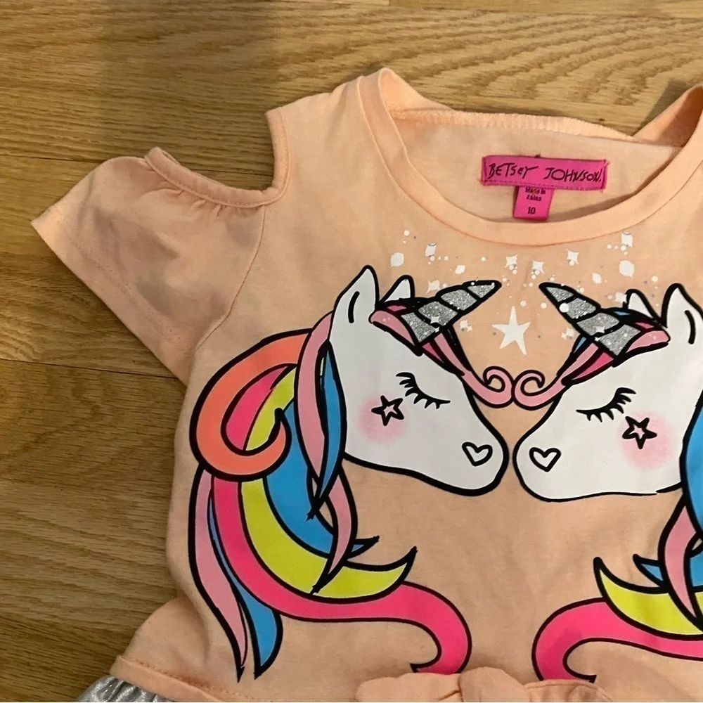 Betsey Johnson Unicorn Dress Sz 10 Cold Shoulder Peach Silver Pleated Kids Girls